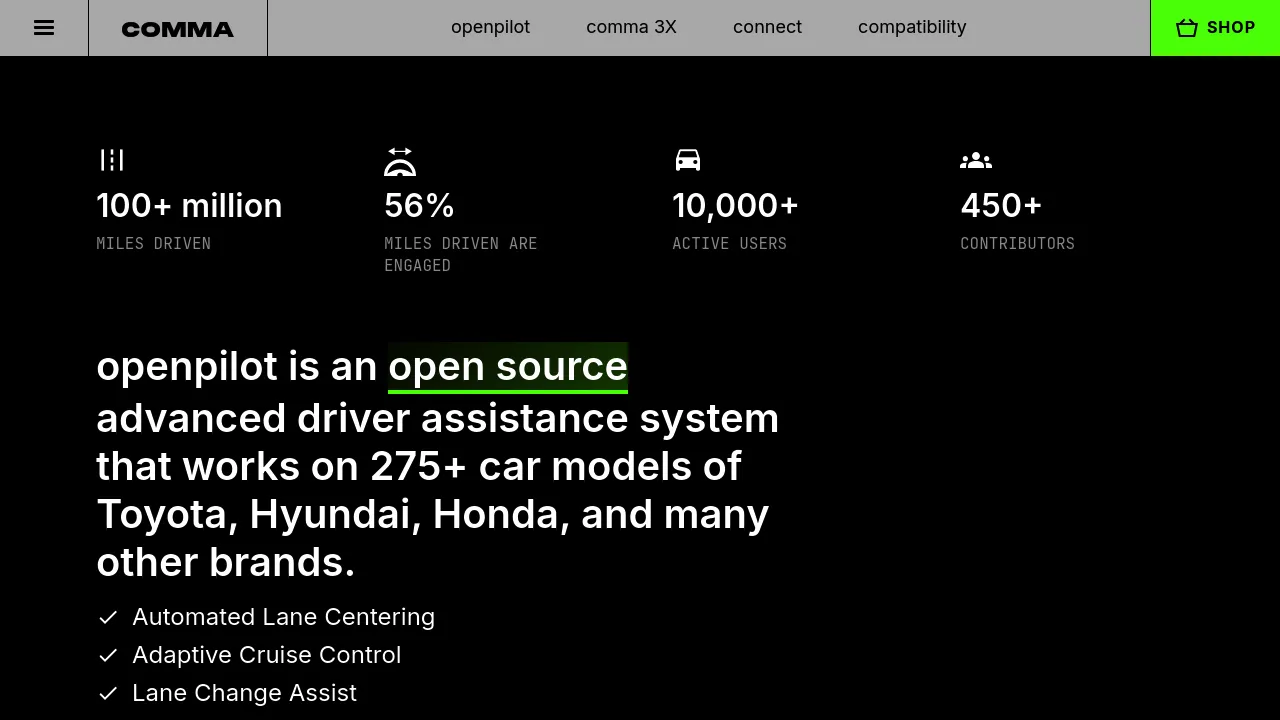 Screenshot of OpenPilot website